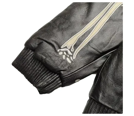 FASURO EFFANIE SKELETON DESIGN LEATHER HOODIE JACKET IN BLACK