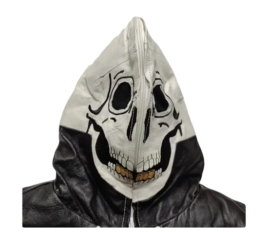 FASURO EFFANIE SKELETON DESIGN LEATHER HOODIE JACKET IN BLACK