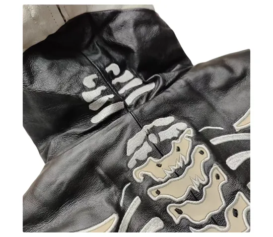 FASURO EFFANIE SKELETON DESIGN LEATHER HOODIE JACKET IN BLACK