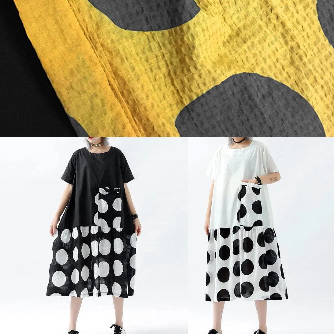French black dotted linen cotton tunic top patchwork pockets Plus Size Clothing summer Dress