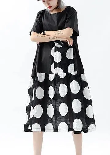 French black dotted linen cotton tunic top patchwork pockets Plus Size Clothing summer Dress