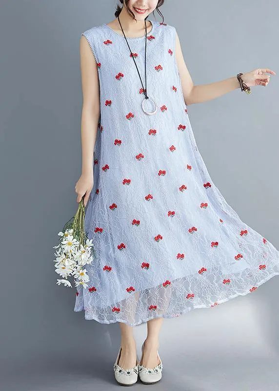 French light blue lace clothes For Women sleeveless Dresses embroidery summer Dress