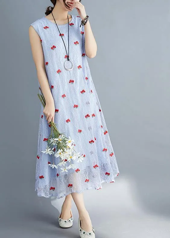 French light blue lace clothes For Women sleeveless Dresses embroidery summer Dress