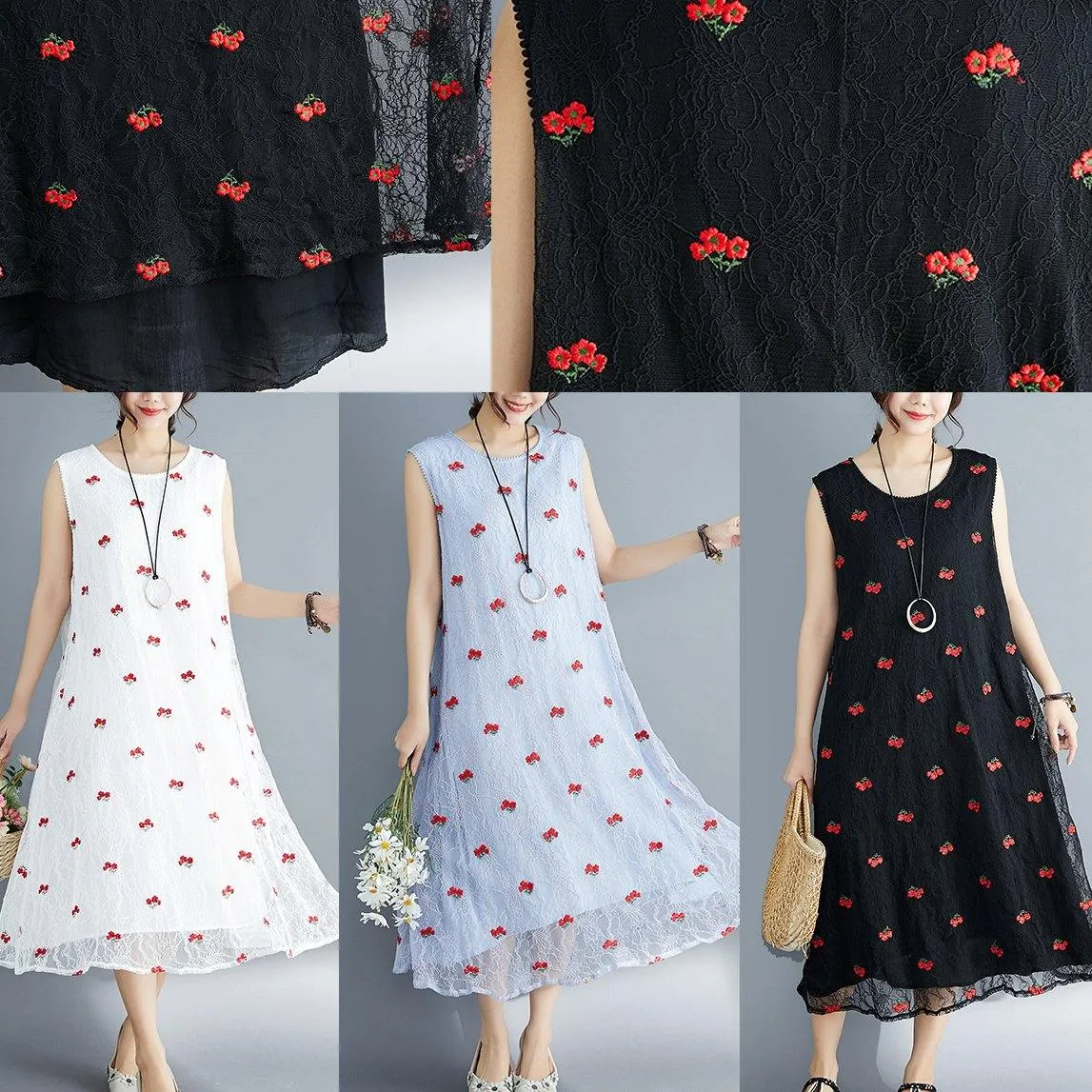 French light blue lace clothes For Women sleeveless Dresses embroidery summer Dress
