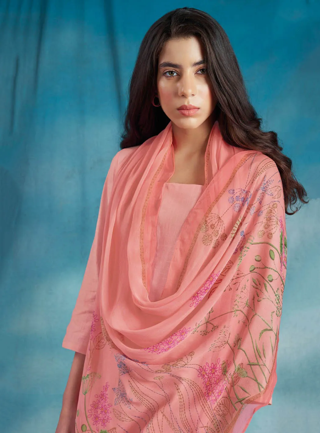 Ganga Pink Pure Cotton Linen Unstitched Suit Material for Women