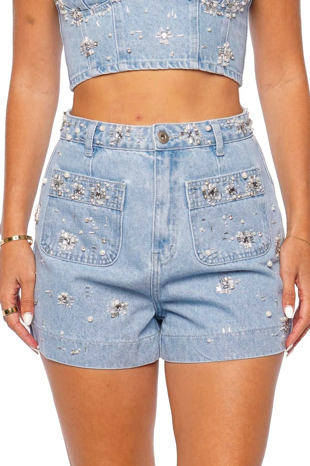 Hand Beaded Patch Pocket Denim Shorts