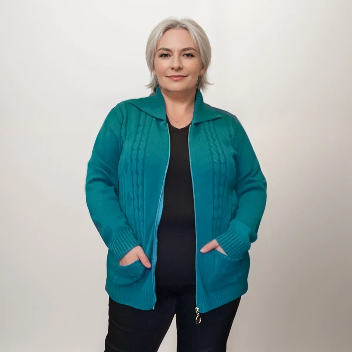 KNITTED ZIP UP CARDIGAN / JACKET WITH COLLAR   POCKETS
