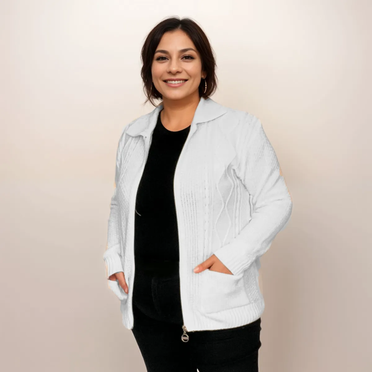 KNITTED ZIP UP CARDIGAN / JACKET WITH COLLAR   POCKETS