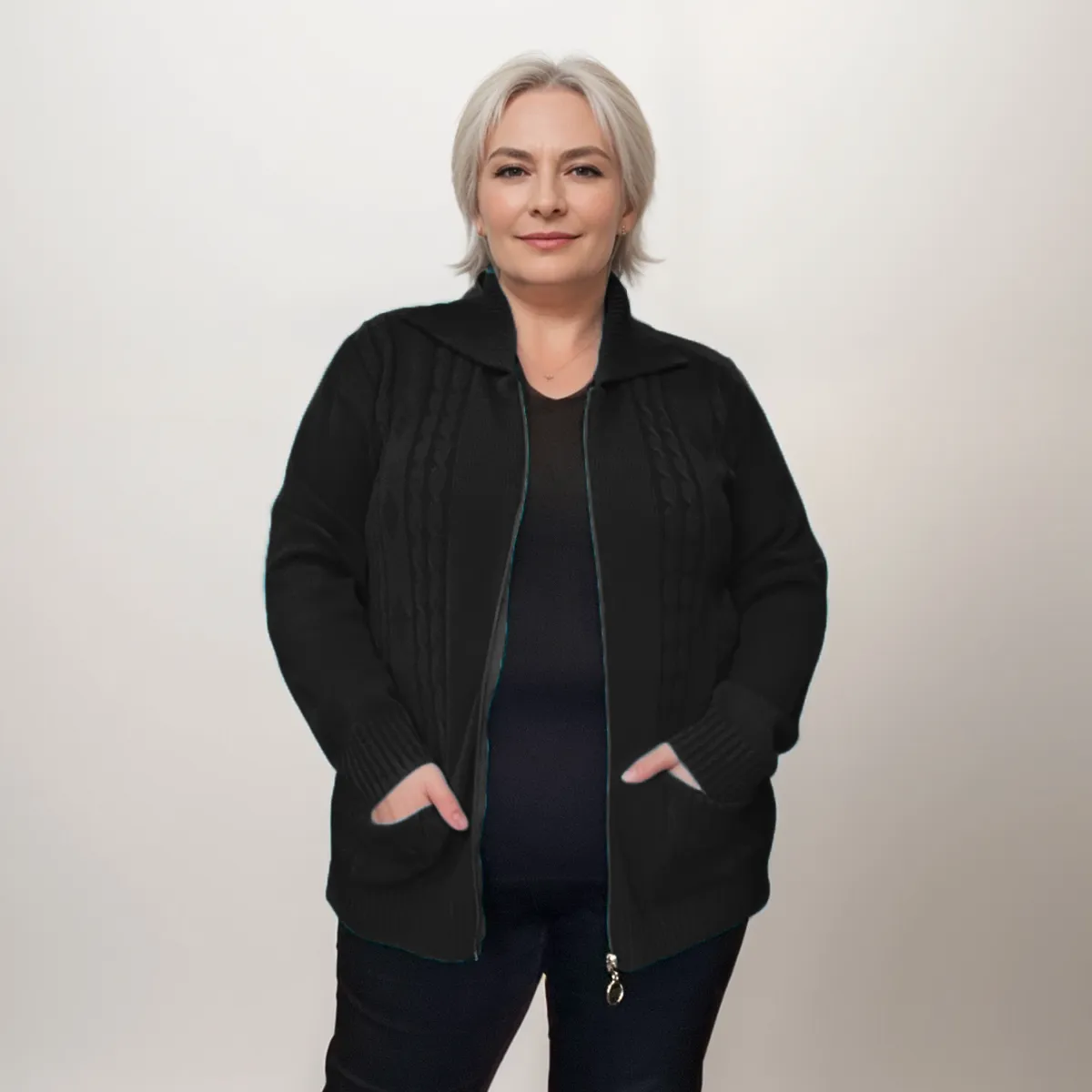 KNITTED ZIP UP CARDIGAN / JACKET WITH COLLAR   POCKETS