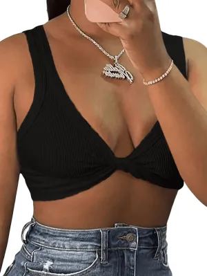 MakeMeChic Women's Ribbed Knit V Neck Twist Front Sleeveless Slim Fitted Summer Crop Tank Top Black Small
