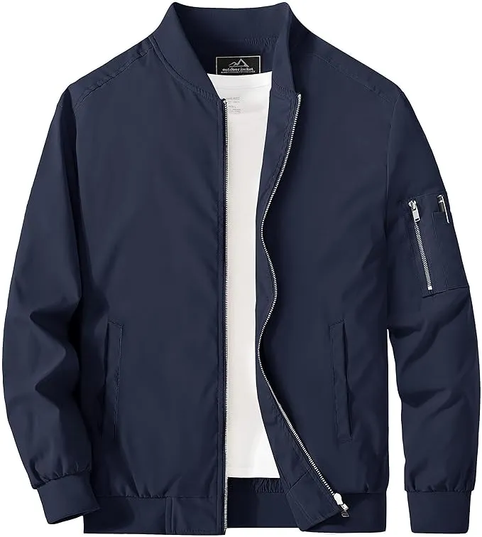 Men's Blue Camo Windproof Long Sleeve Zip Up Bomber Jacket