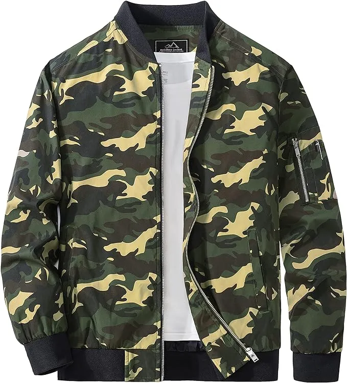 Men's Blue Camo Windproof Long Sleeve Zip Up Bomber Jacket