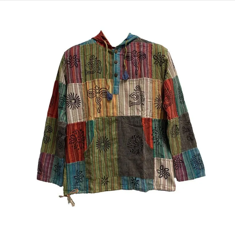 Mens Boho Ethnic Print Pure Cotton Long Sleeve Cardigan Patchwork Shirt Womens Unisex Hoodie Jacket
