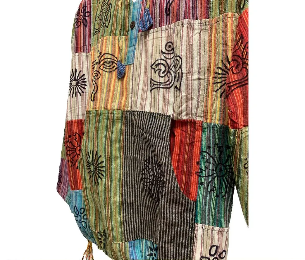 Mens Boho Ethnic Print Pure Cotton Long Sleeve Cardigan Patchwork Shirt Womens Unisex Hoodie Jacket