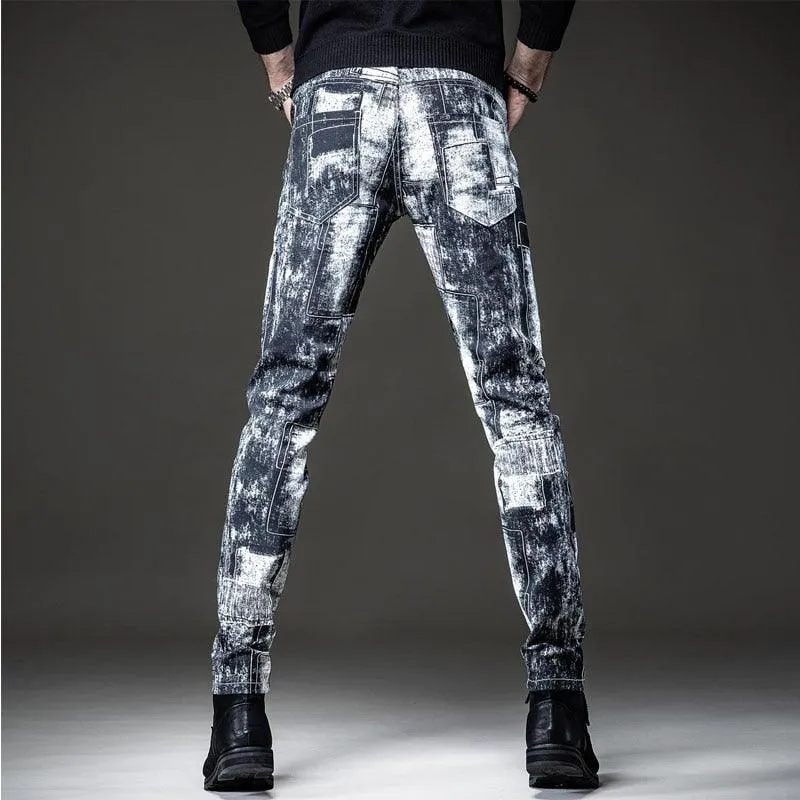 Men's Graffiti Print Patchwork Slim Fit Jeans