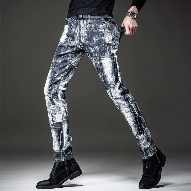 Men's Graffiti Print Patchwork Slim Fit Jeans