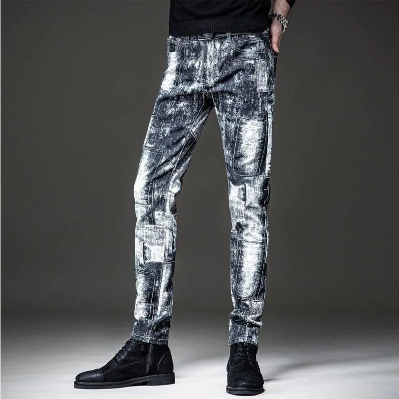 Men's Graffiti Print Patchwork Slim Fit Jeans