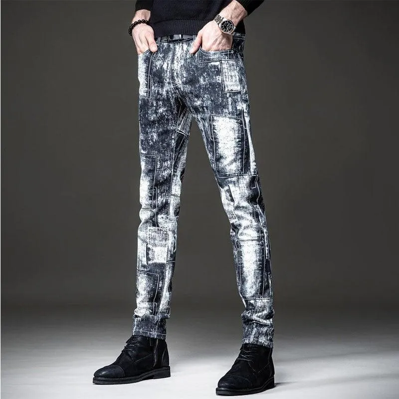 Men's Graffiti Print Patchwork Slim Fit Jeans