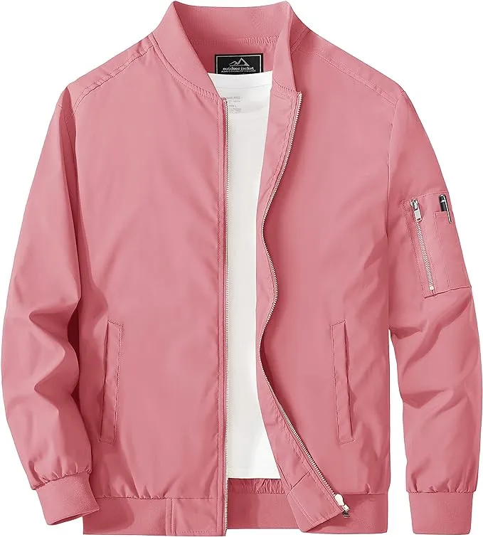 Men's Orange Red Windproof Long Sleeve Zip Up Bomber Jacket