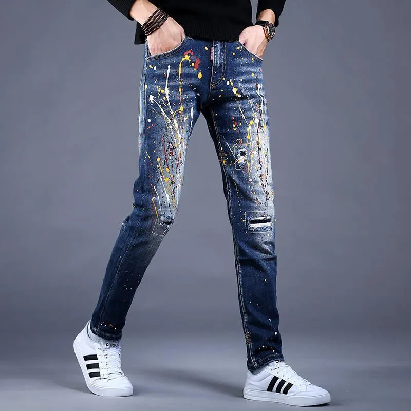 Men’s Slim Fit Denim Graffiti Ripped Jeans