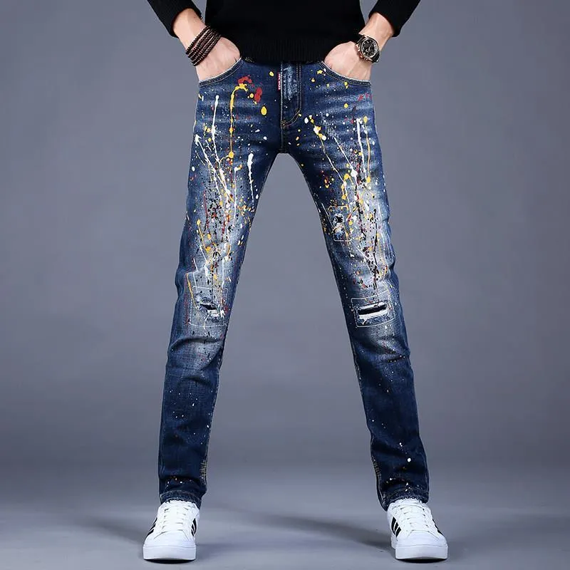 Men’s Slim Fit Denim Graffiti Ripped Jeans