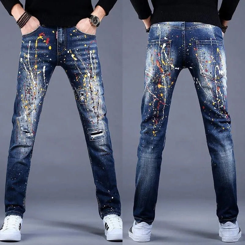 Men’s Slim Fit Denim Graffiti Ripped Jeans