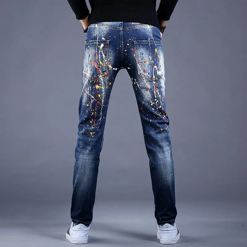 Men’s Slim Fit Denim Graffiti Ripped Jeans