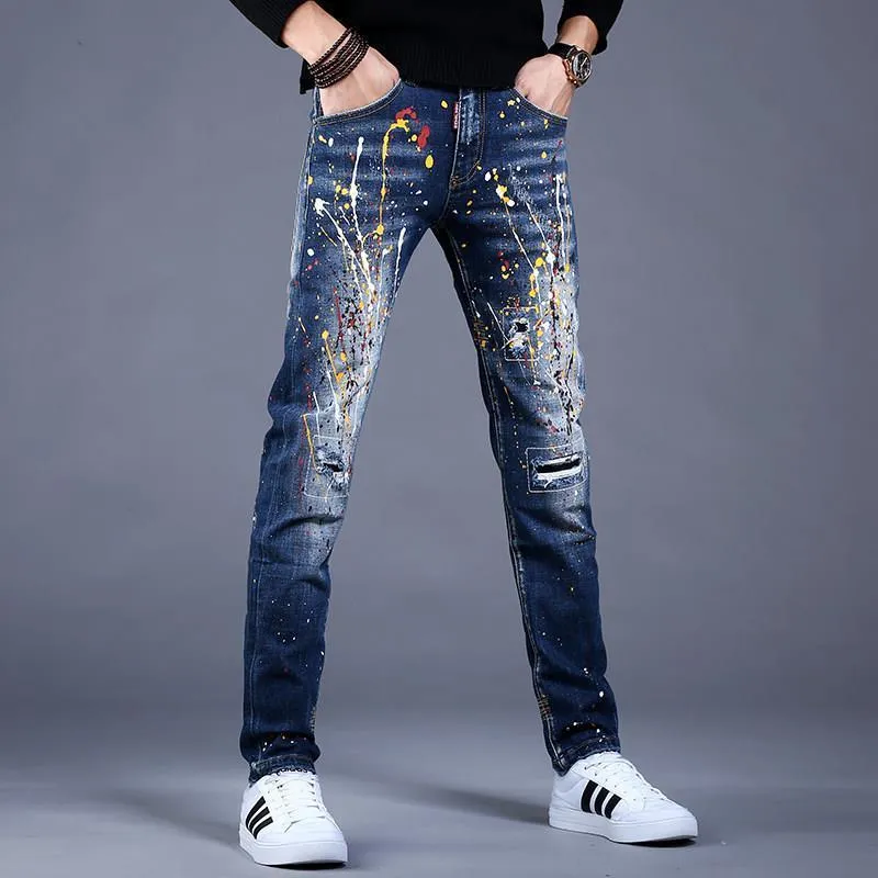 Men’s Slim Fit Denim Graffiti Ripped Jeans