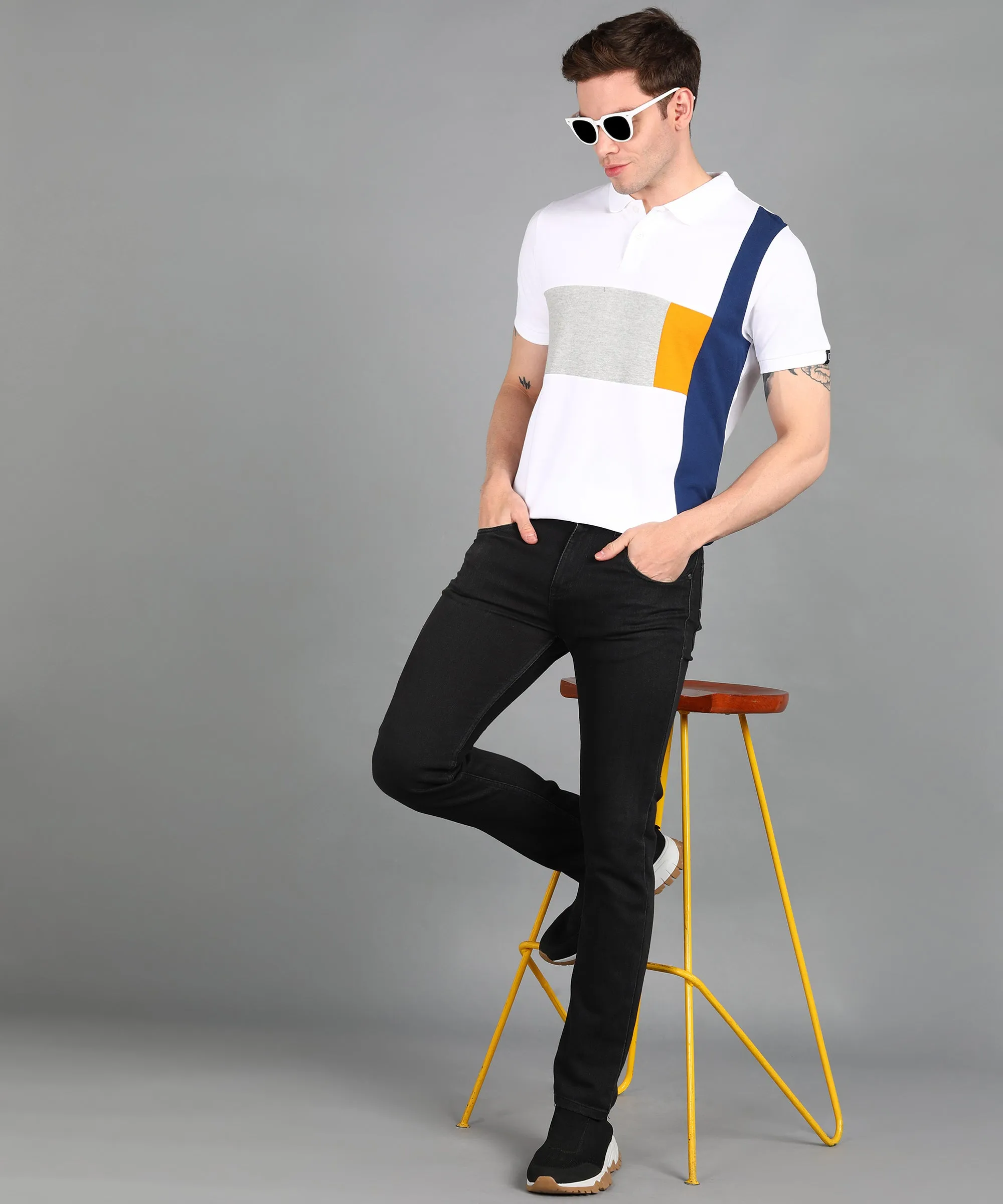 Men's White, Grey Melange, Dark Blue Colour-Block Slim Fit Half Sleeve Cotton Polo T-Shirt