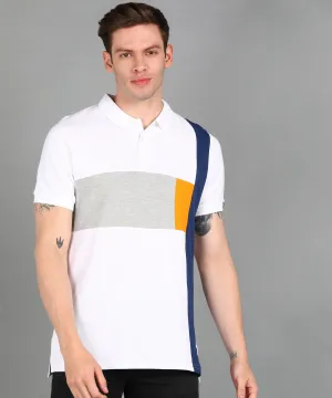 Men's White, Grey Melange, Dark Blue Colour-Block Slim Fit Half Sleeve Cotton Polo T-Shirt