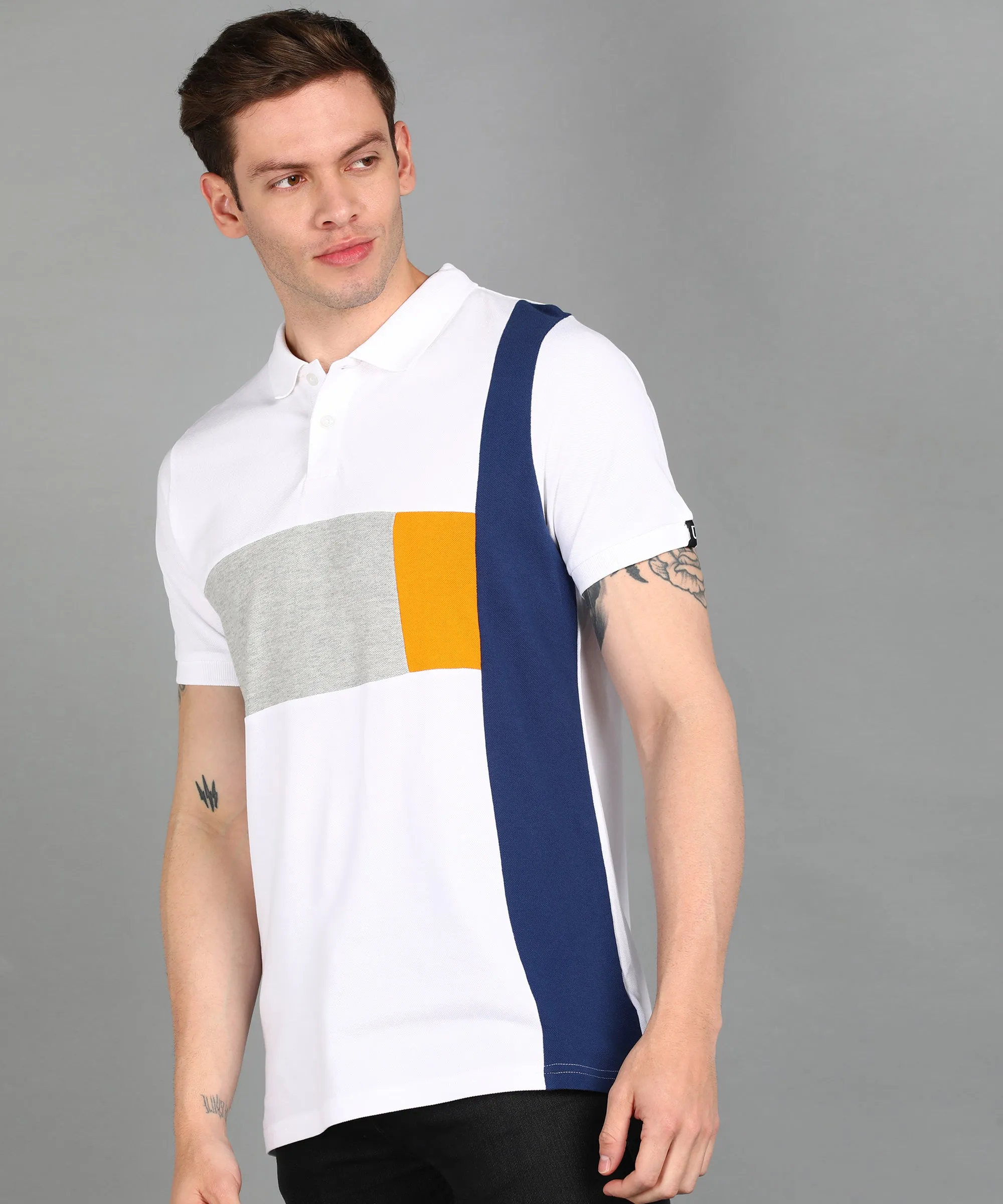 Men's White, Grey Melange, Dark Blue Colour-Block Slim Fit Half Sleeve Cotton Polo T-Shirt