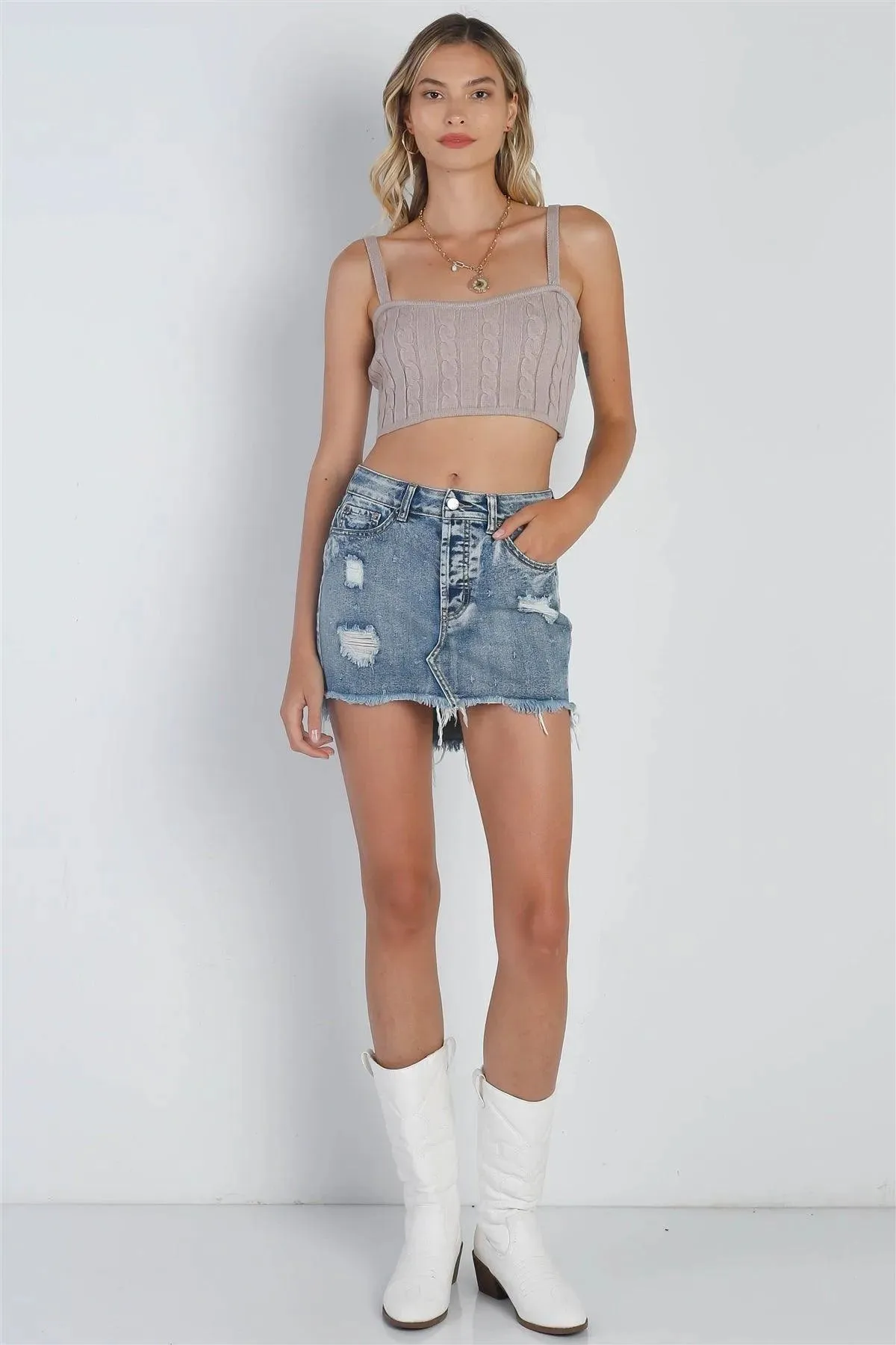 Mocha Cable Knit Sleeveless Crop Top