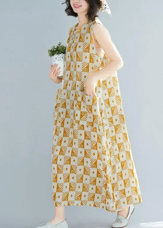 Natural o neck sleeveless cotton summer clothes Women yellow Geometric Kaftan Dresses