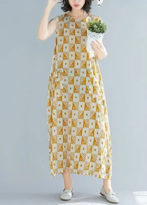 Natural o neck sleeveless cotton summer clothes Women yellow Geometric Kaftan Dresses