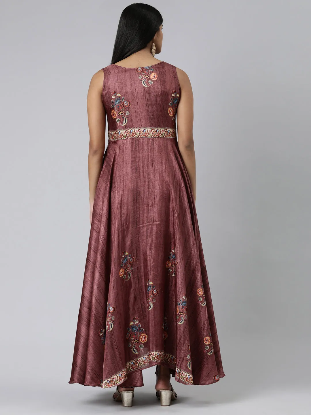 Neeru's Pink Curved Casual Embroidered Maxi Dress