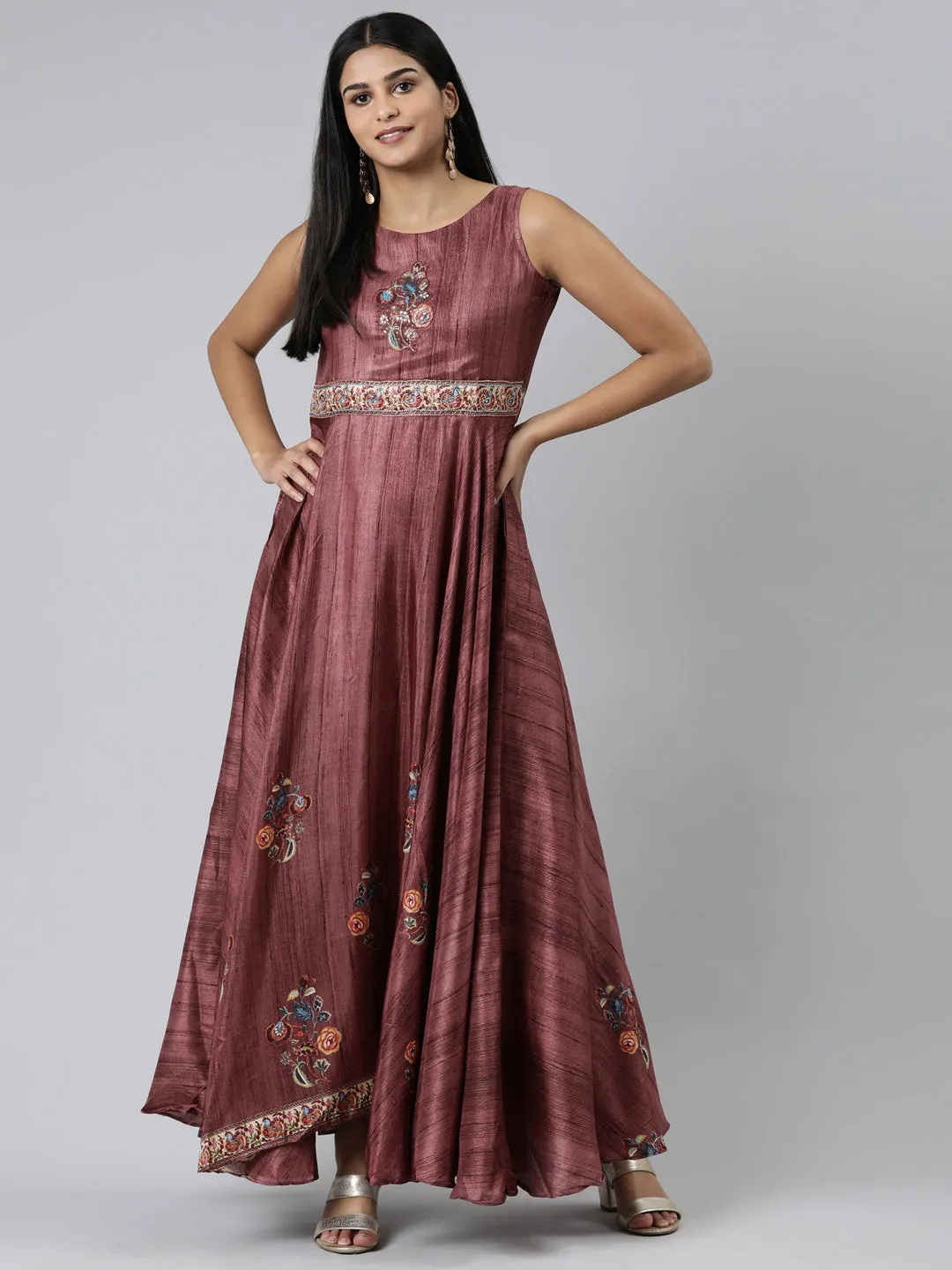 Neeru's Pink Curved Casual Embroidered Maxi Dress