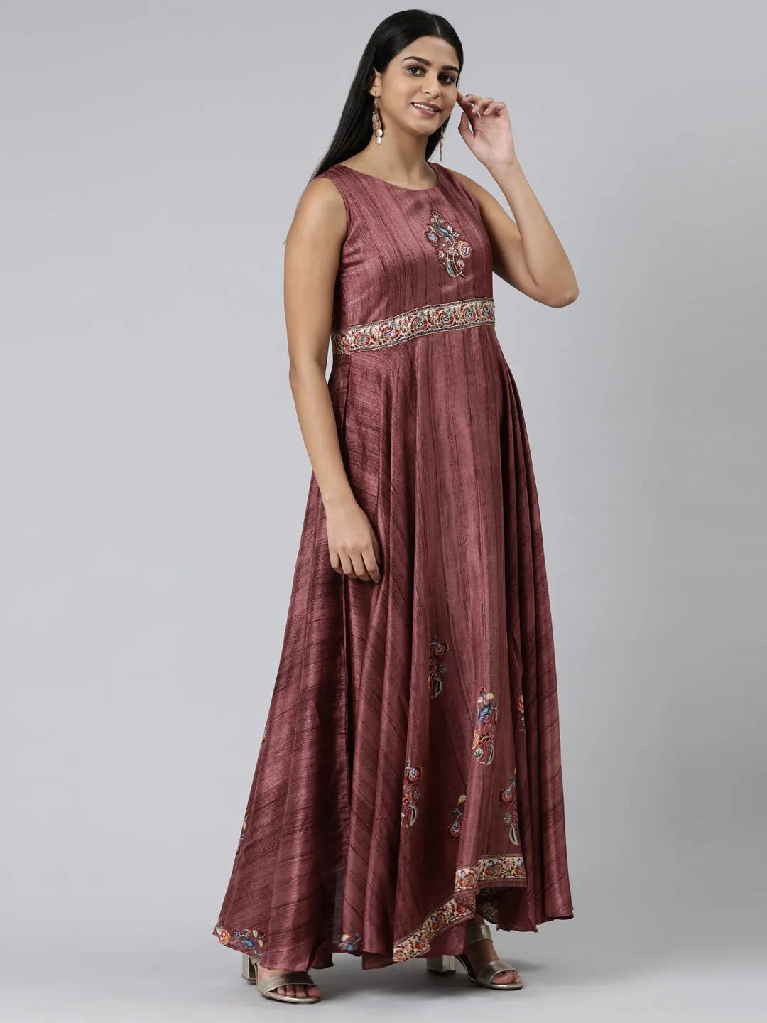 Neeru's Pink Curved Casual Embroidered Maxi Dress