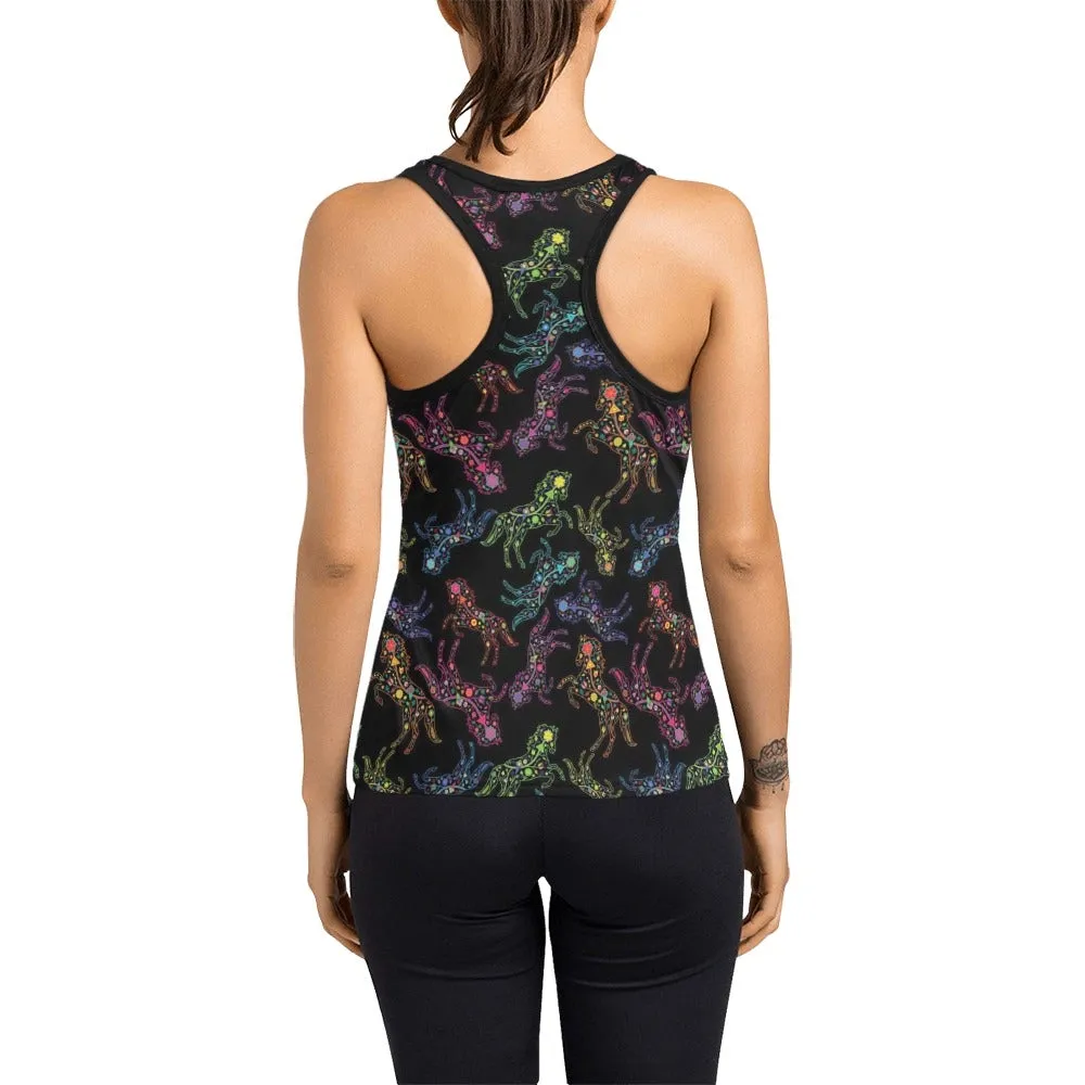 Neon Floral Horses Women's Racerback Tank Top