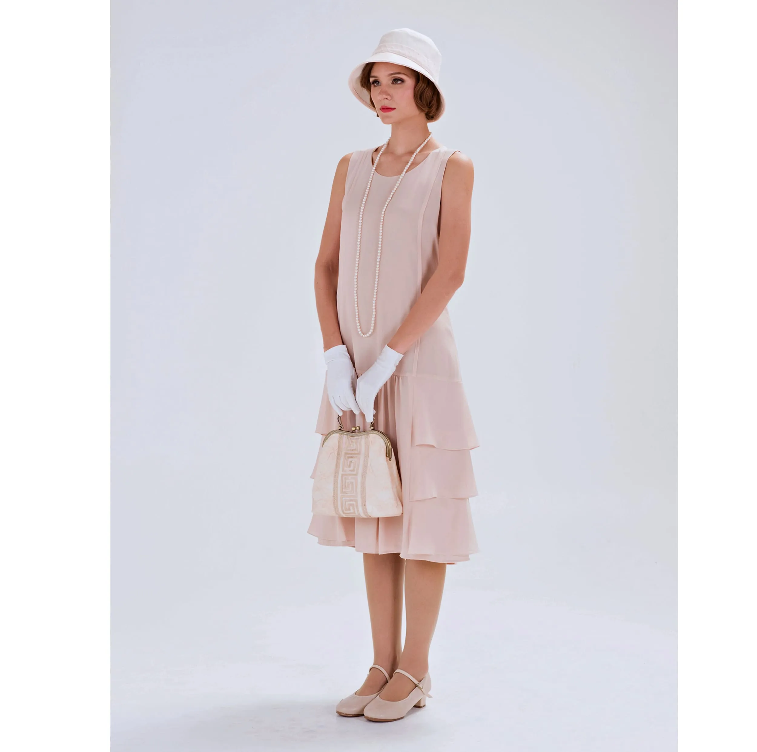 Nude 1920s chiffon flapper dress with tiered skirt