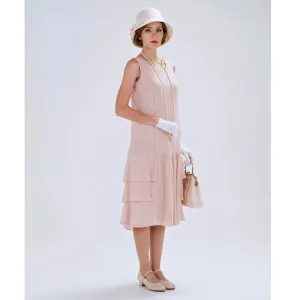 Nude 1920s chiffon flapper dress with tiered skirt