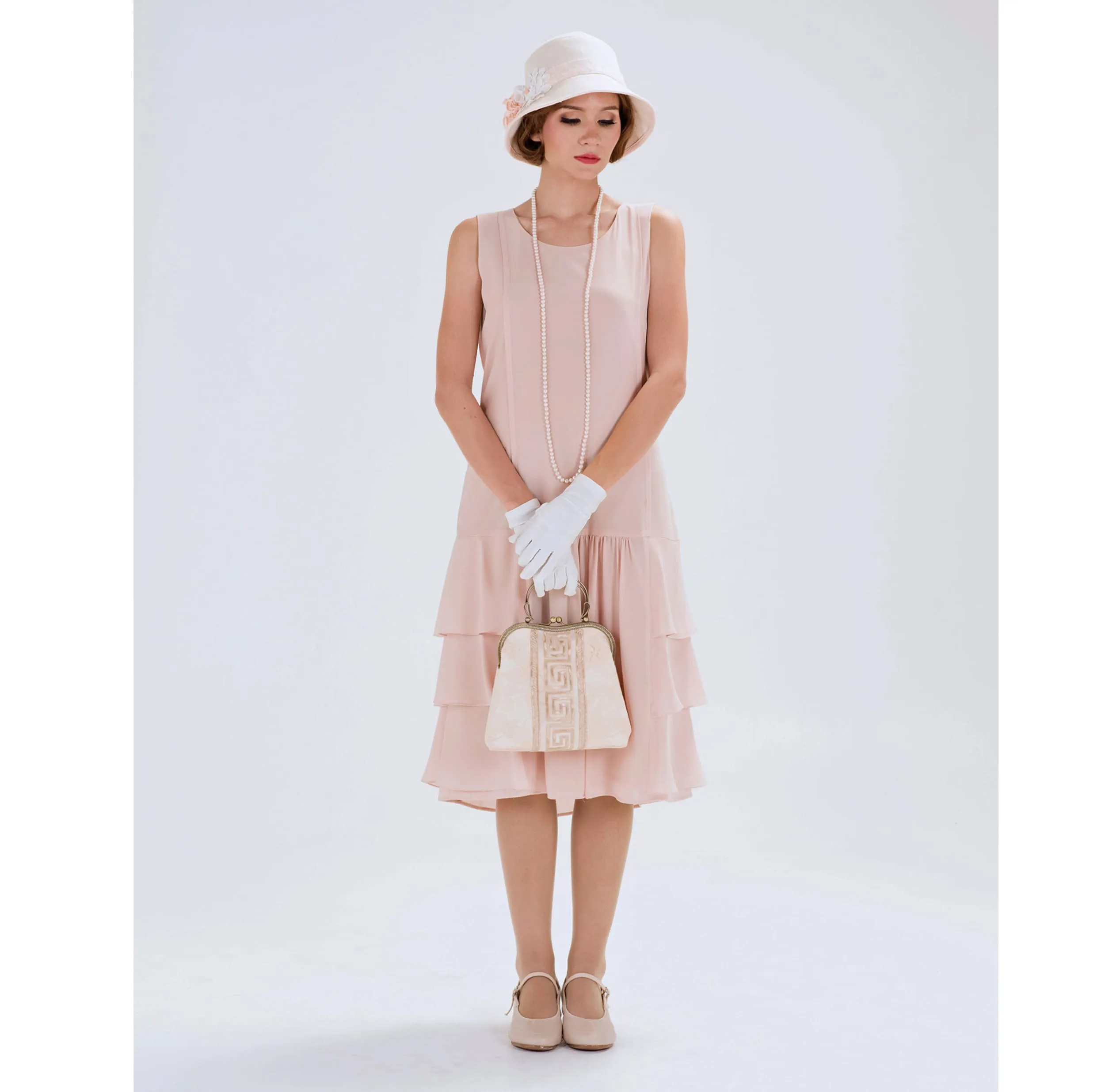 Nude 1920s chiffon flapper dress with tiered skirt