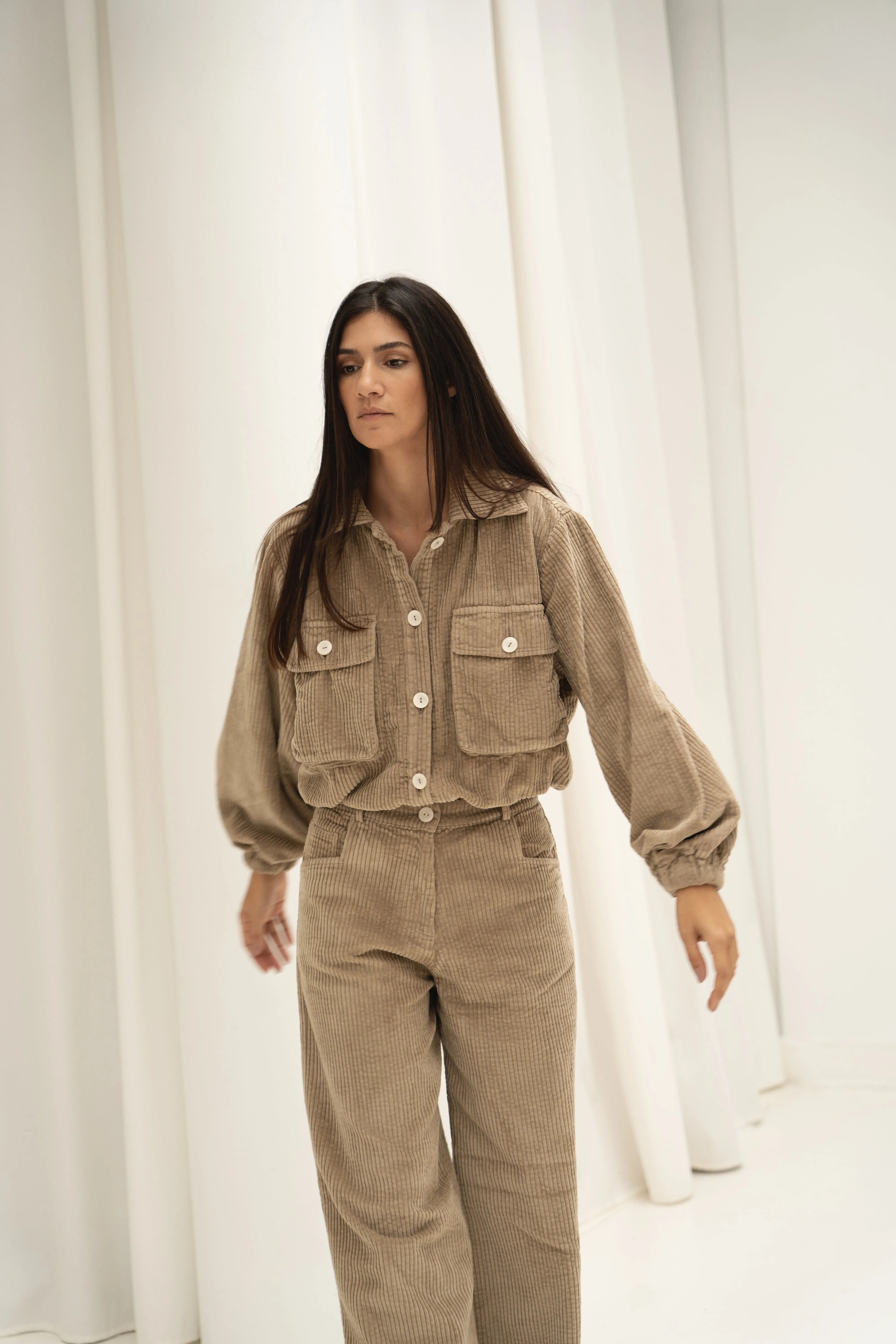 organic cotton corduroy trousers in taupe