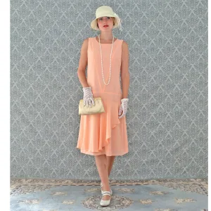 Peach 1920s chiffon dress with ruffled skirt detail
