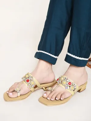 Pelle Albero Women's Gold Synthetic Leather Slip-on Casual Sandal