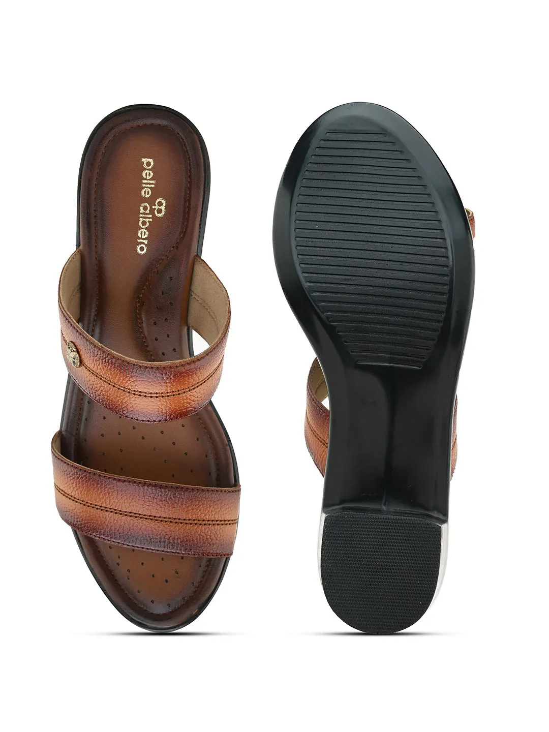 Pelle Albero Women's Latest Trendy Tan Leather Slip-On Heels Block Sandals