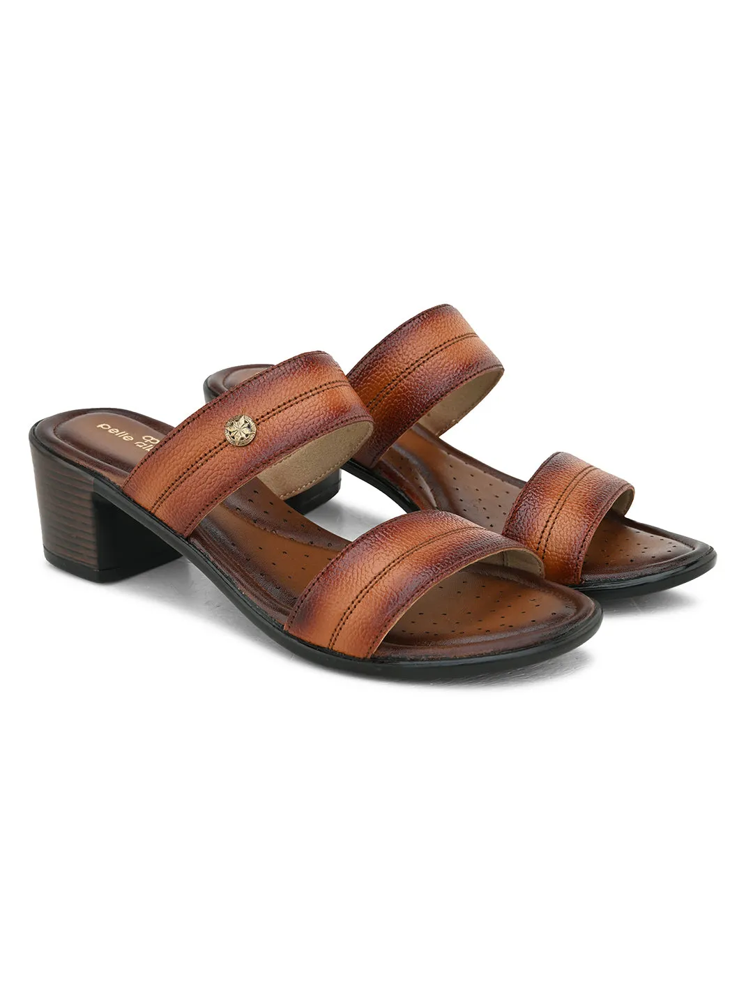 Pelle Albero Women's Latest Trendy Tan Leather Slip-On Heels Block Sandals