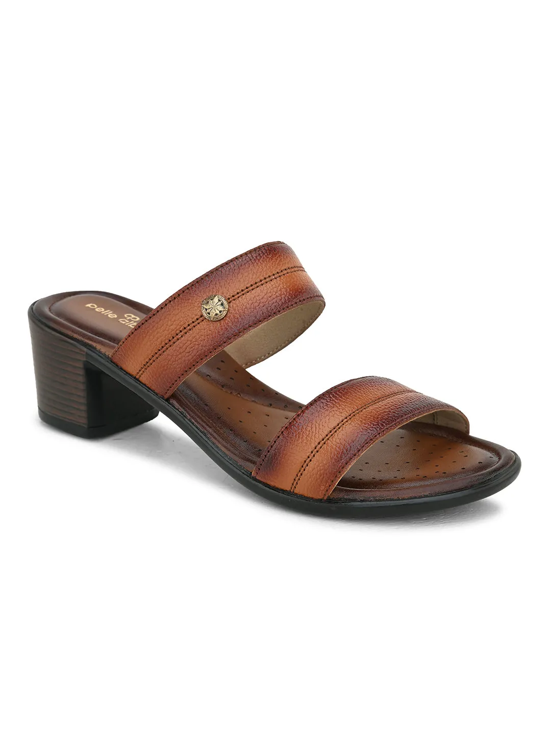 Pelle Albero Women's Latest Trendy Tan Leather Slip-On Heels Block Sandals
