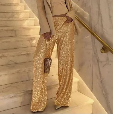 Petite Length Wide Leg Sequin Trousers