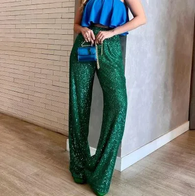 Petite Length Wide Leg Sequin Trousers