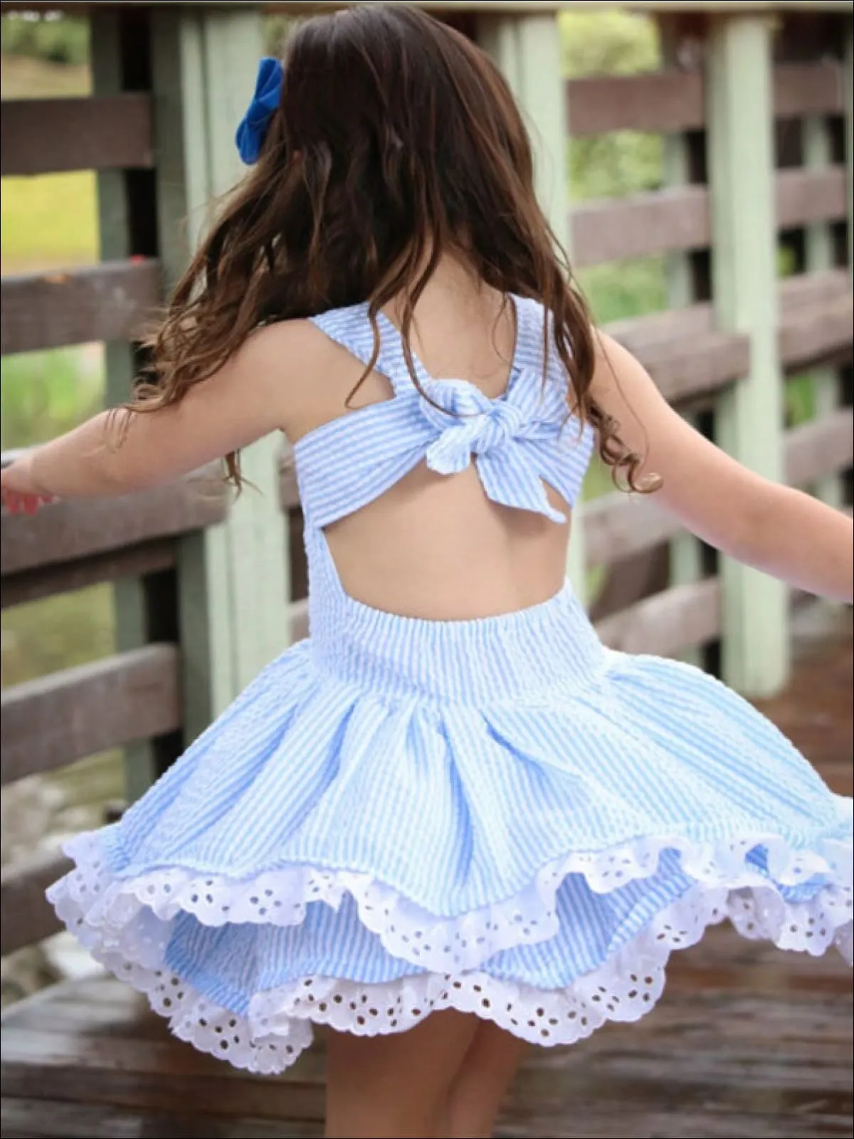 Pinstripe Princess Tiered Lace Ruffle Dress